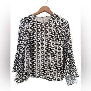 Milly Black and White Geometric Blouse Flare Sleeves